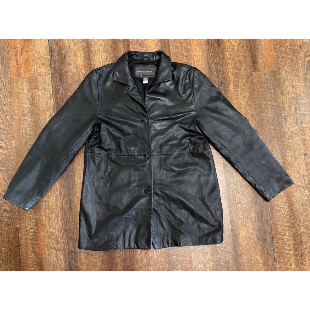Vintage 90s Y2K Banana Republic Black Genuine Leather Car Coat Jacket Women L